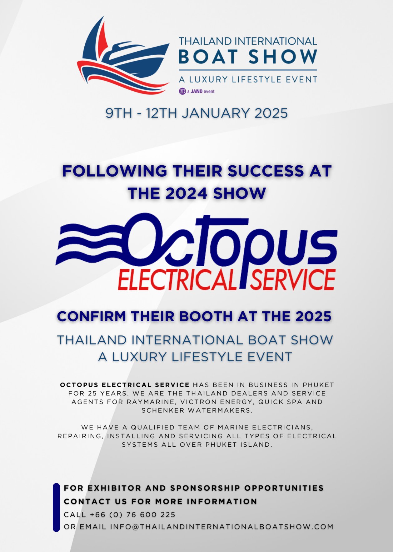 Octopus Electrical Service Confirm their booth at the 2025 at The Thailand International Boat Show A Luxury Lifestyle Event